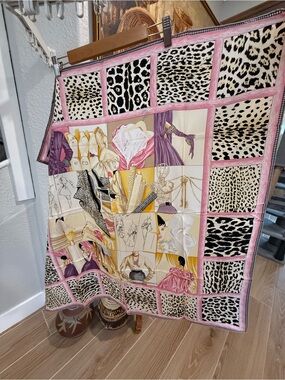 Like new! Vintage Dior Pink, Cream & Black Fashion Print Silk Scarf